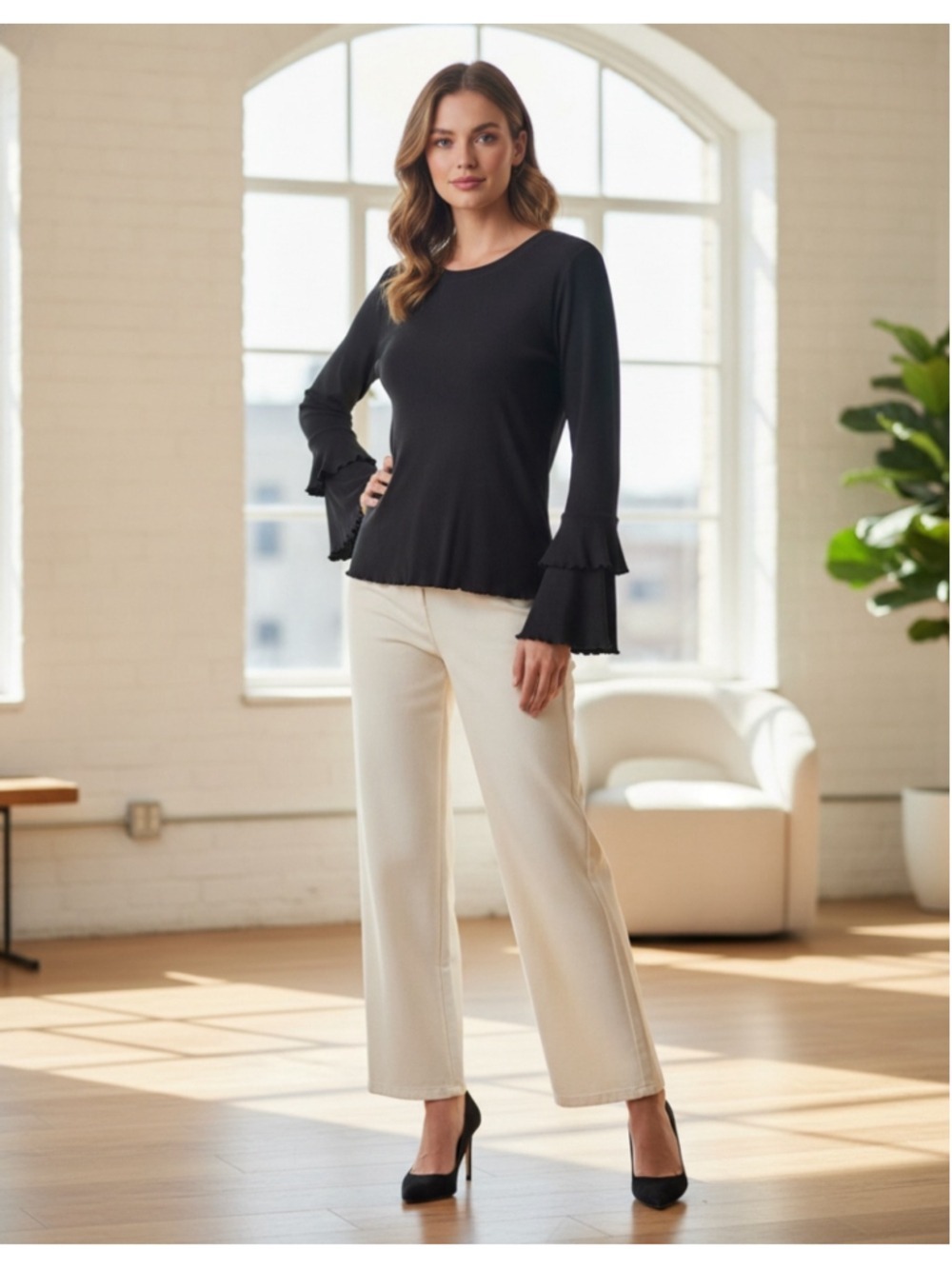 Who What Wear Long Sleeve Ribbed Top Flared Sleeves Women's Size XL Black